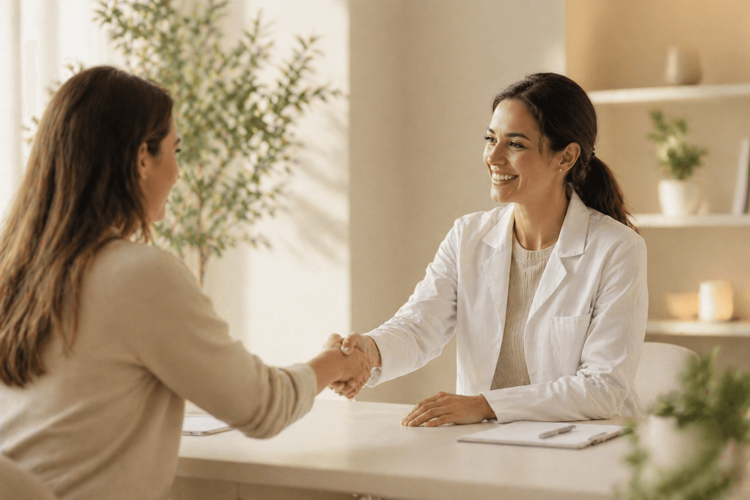 Two women are shaking hands.